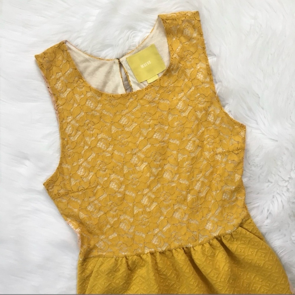 ✨Anthropologie - Maeve✨ Mustard Yellow Lace Vera Dress Pockets Keyhole Sz Small - Picture 2 of 10